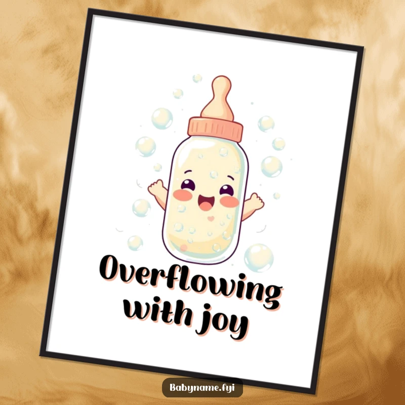 Funny baby bottle poster featuring a bottle overflowing with happy bubbles, a humorous and joyful piece of wall art for a bubbly vibe.