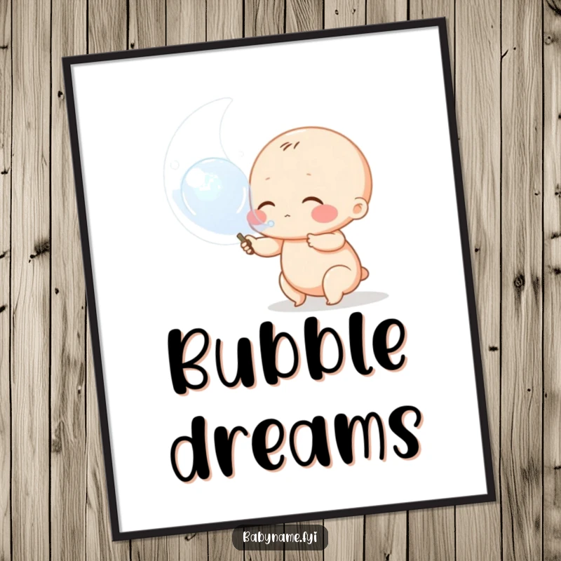 Funny baby bubble poster, a charming artwork of a chubby baby character joyfully blowing a massive bubble from a wand.