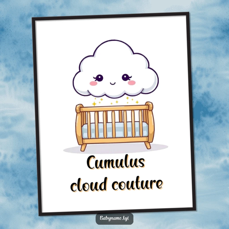Funny playful cloud character sprinkling gentle sparkles onto a crib, displayed as a charming art print poster for nursery decor.