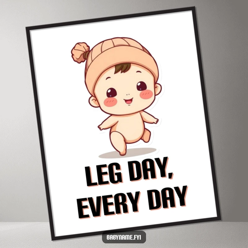 Funny poster of a baby character in a cap, gleefully kicking legs. Adds playful charm to any wall.