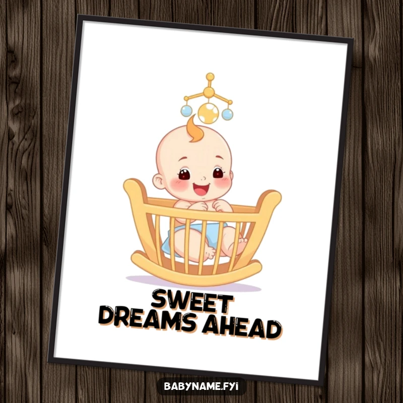 Funny poster of a smiling baby happily reaching for a colorful mobile above a crib, a heartwarming nursery decoration.