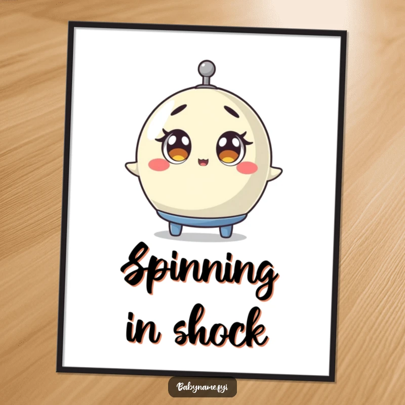 Funny baby mobile poster featuring a mobile spinning with wide, surprised eyes, a humorous and comical piece of wall art.