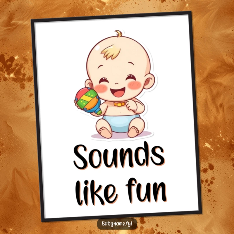 Funny poster of a happy baby character joyfully shaking a colorful rattle. Adds cheerful decor.