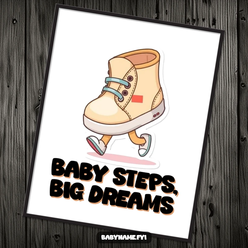 Funny baby shoe character comically trying to walk with wobbly steps, displayed as a charming and humorous art print poster.