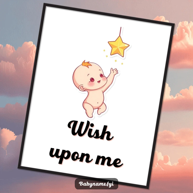 Funny baby reaching for a sparkling star, a whimsical and funny poster.