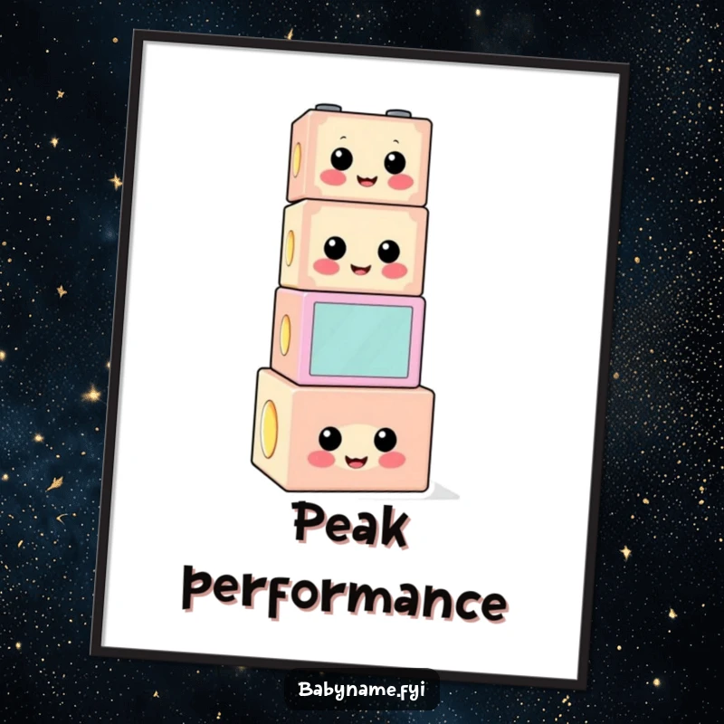 Funny building block poster capturing a cheerful, precariously stacked block character, bringing playful vertical humor.