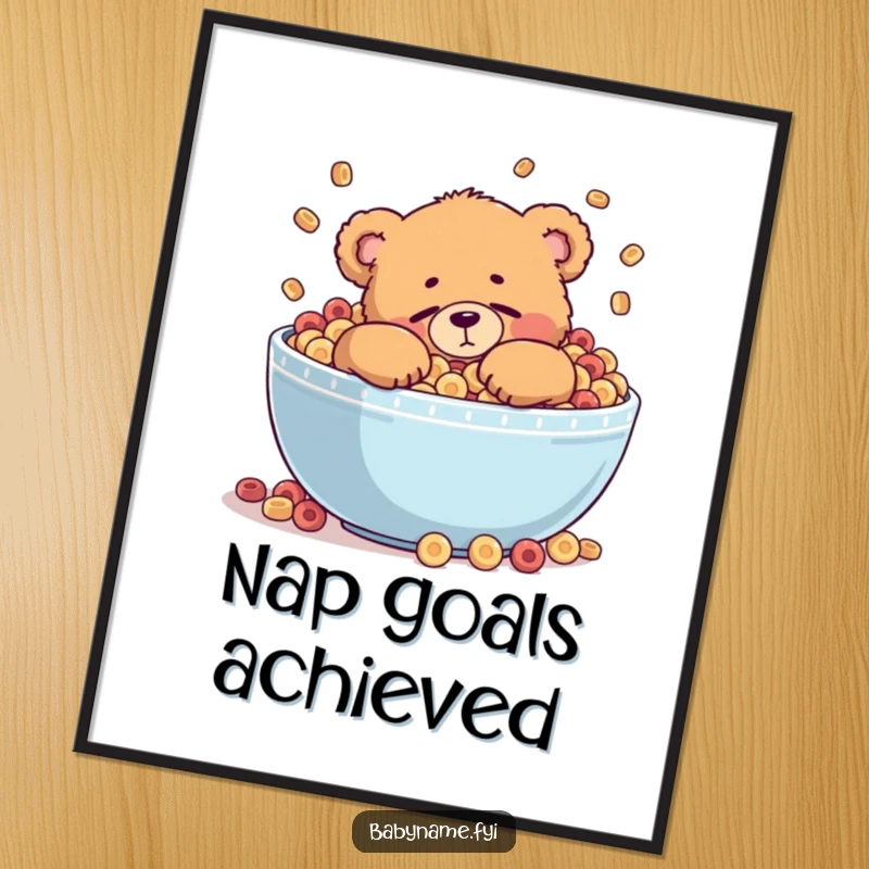 Funny poster featuring a chubby teddy bear character trying to doze off, nestled within a giant, overflowing bowl of colorful cereal.