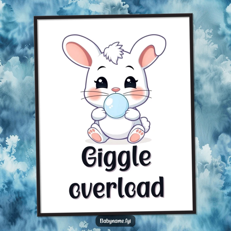 Funny cheeky baby bunny with pacifier, in a state of joyful bouncing and giggling, radiating pure fun on this wall art poster.