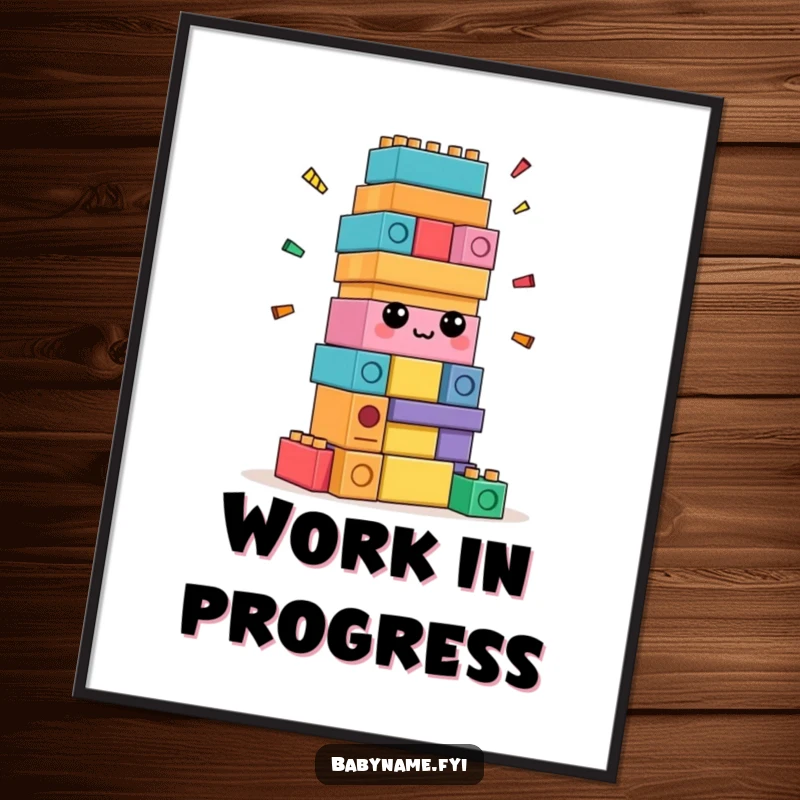Funny confused building blocks poster, wall art of colorful blocks attempting self-assembly, conveying playful confusion.
