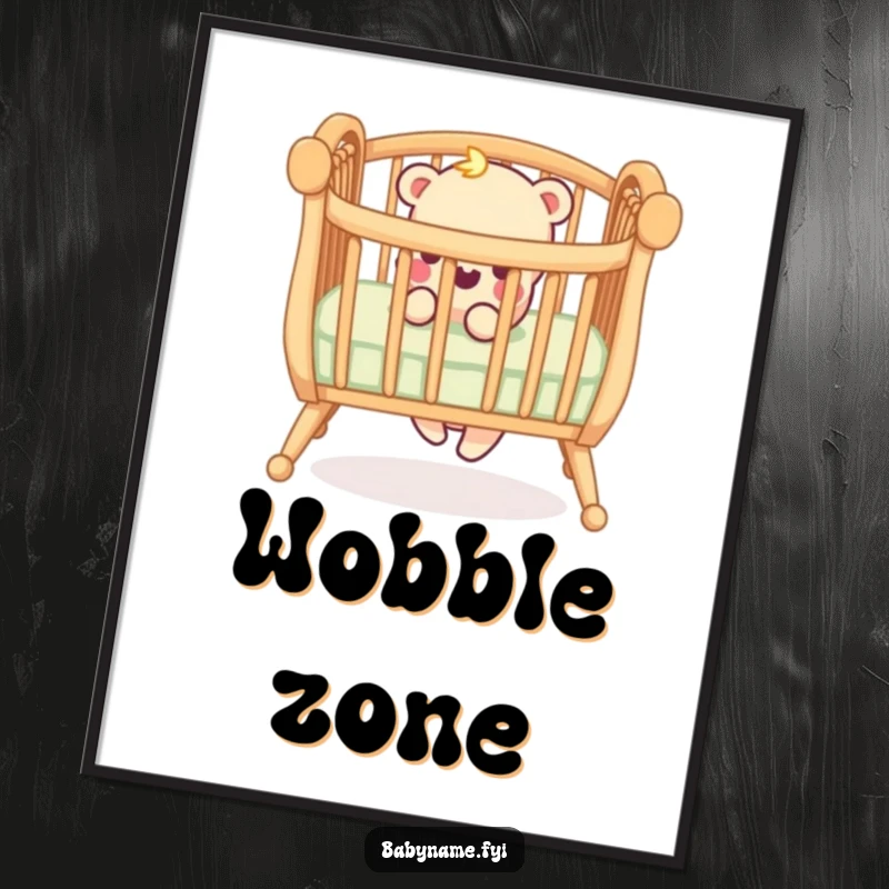 Funny poster illustrating a playful crib railing with a humorously wobbly leg, adding a touch of relatable parenting humor to decor.