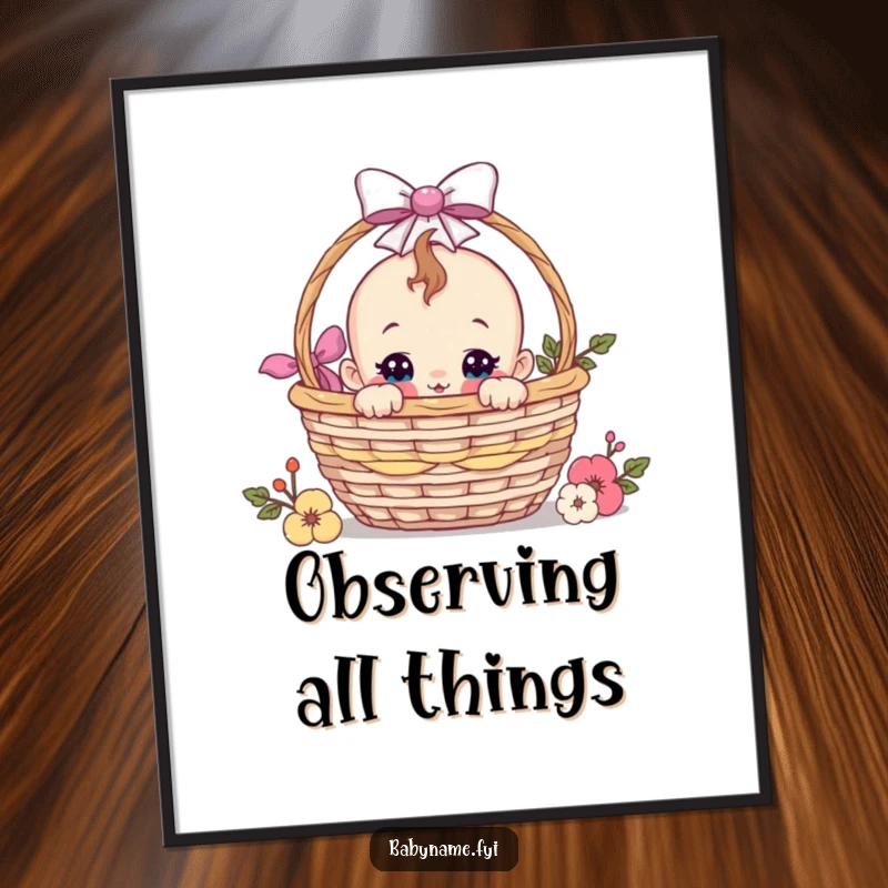 Funny baby character curiously peeking from a gift basket, a poster print that adds playful and humorous decor to any room.
