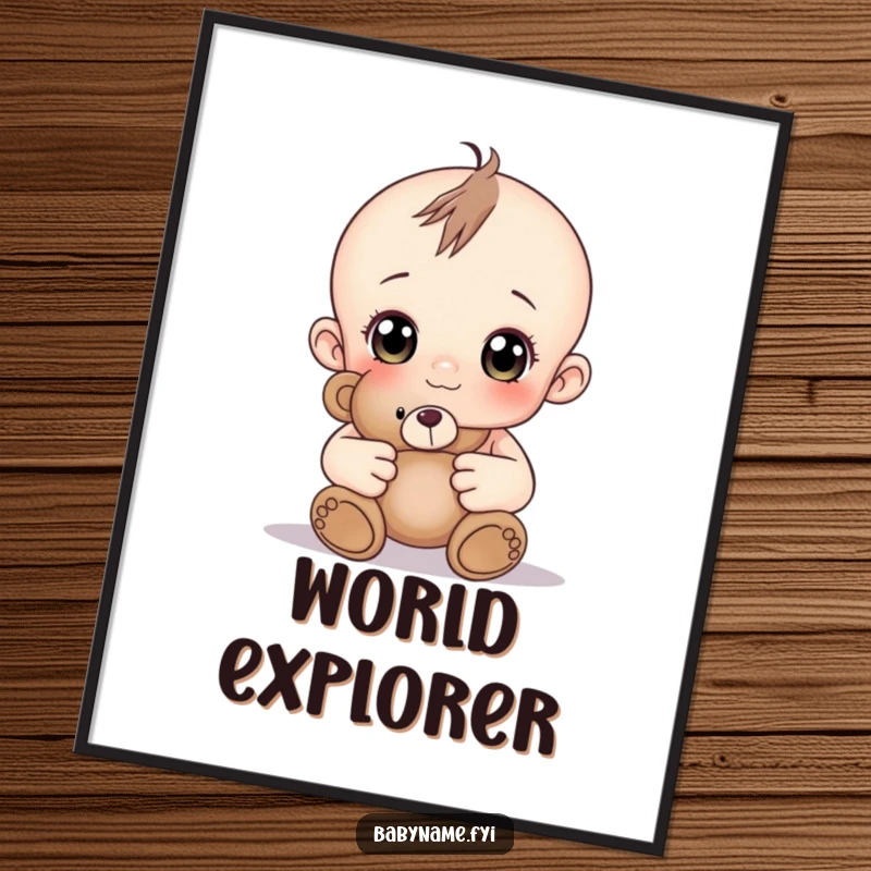 Funny baby with wide, curious eyes holding a soft teddy bear, a charming and funny poster.