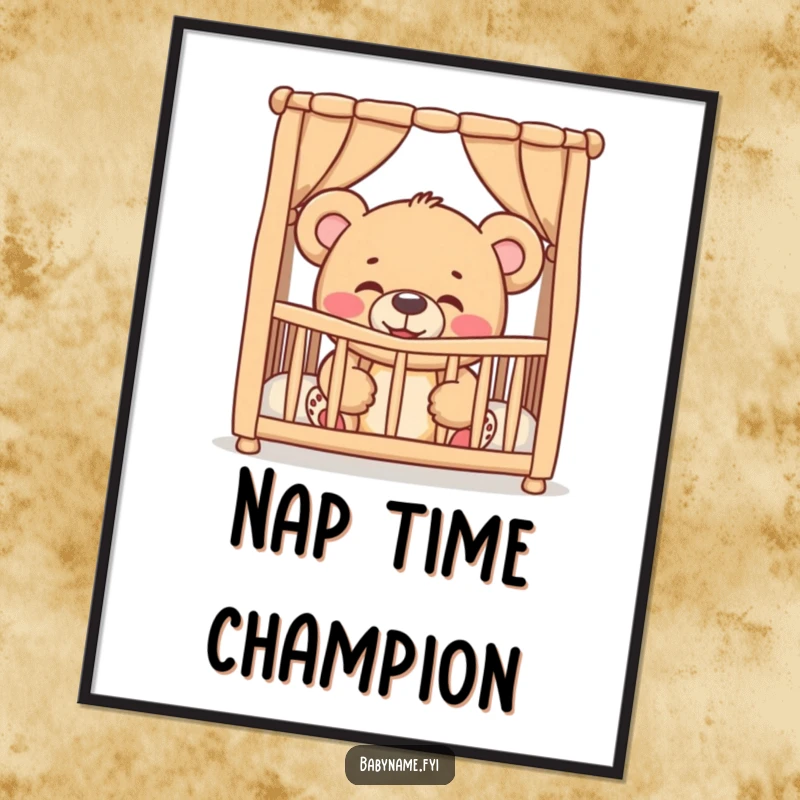 Funny giggling teddy bear peeking from a crib, presented as whimsical wall art, evoking adorable and humorous baby moments.