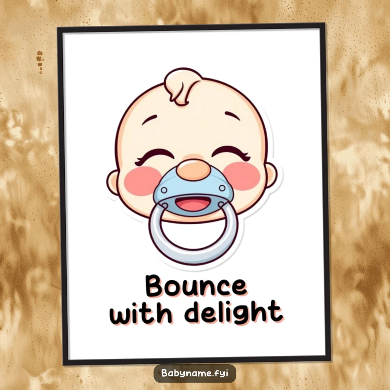 Funny pacifier poster featuring a giggling pacifier bouncing with delight, a humorous and joyful piece of wall art for a happy vibe.