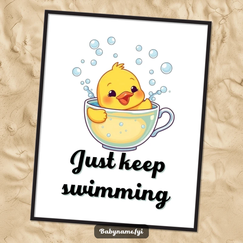 Funny poster featuring a smiling rubber ducky character frantically trying to swim in a teacup filled to the brim with bubbles.