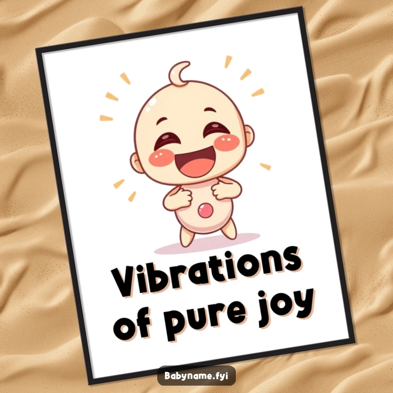 Funny baby rattle character shaking vigorously with excitement, featured as a vibrant poster. Humorous nursery wall art.