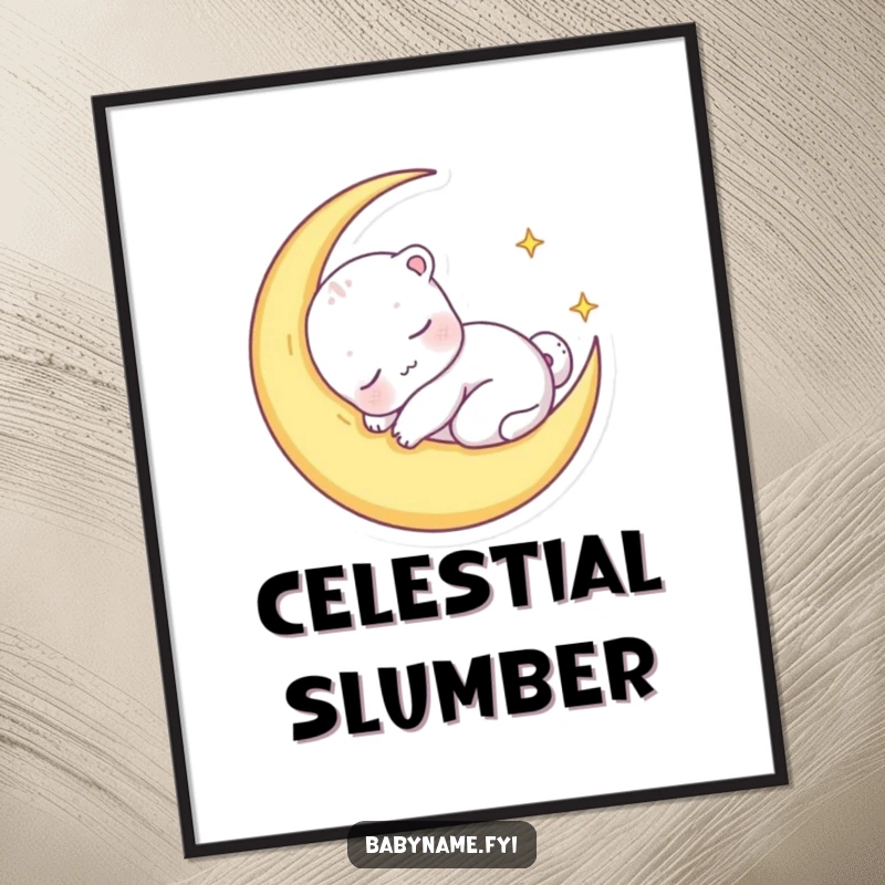 Funny poster print of a sleepy baby animal character curled up peacefully inside a soft crescent moon, evoking a sense of calm.