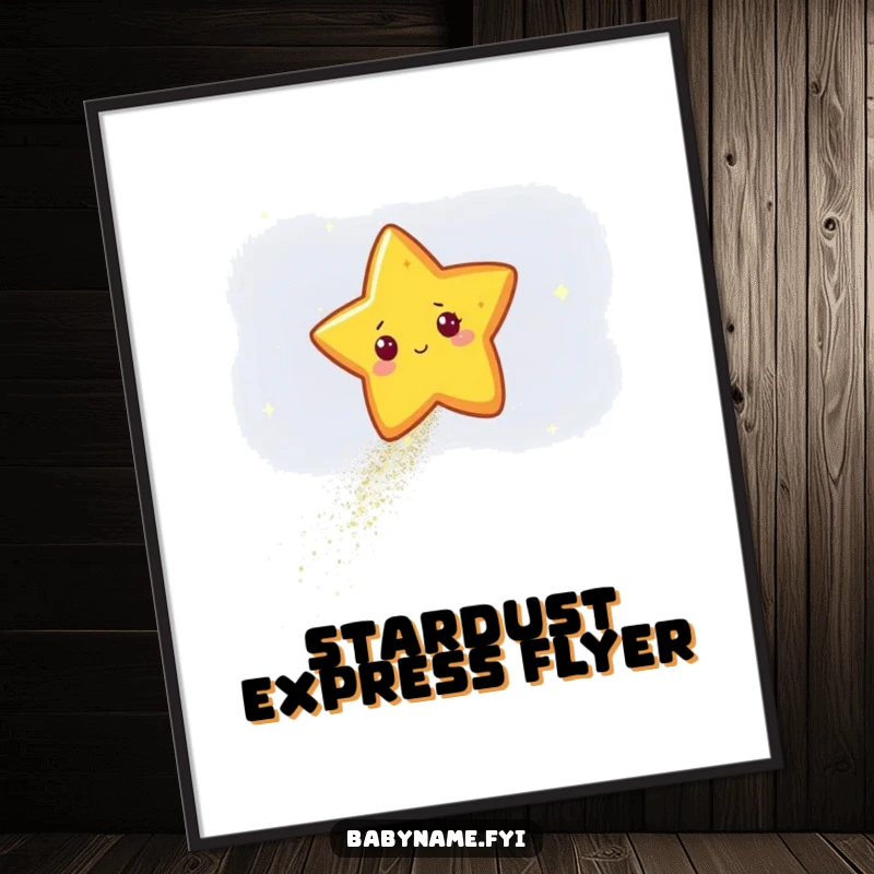 Funny star character leaving a sparkling trail of glitter across a dark sky, displayed as a charming and humorous celestial art print poster.