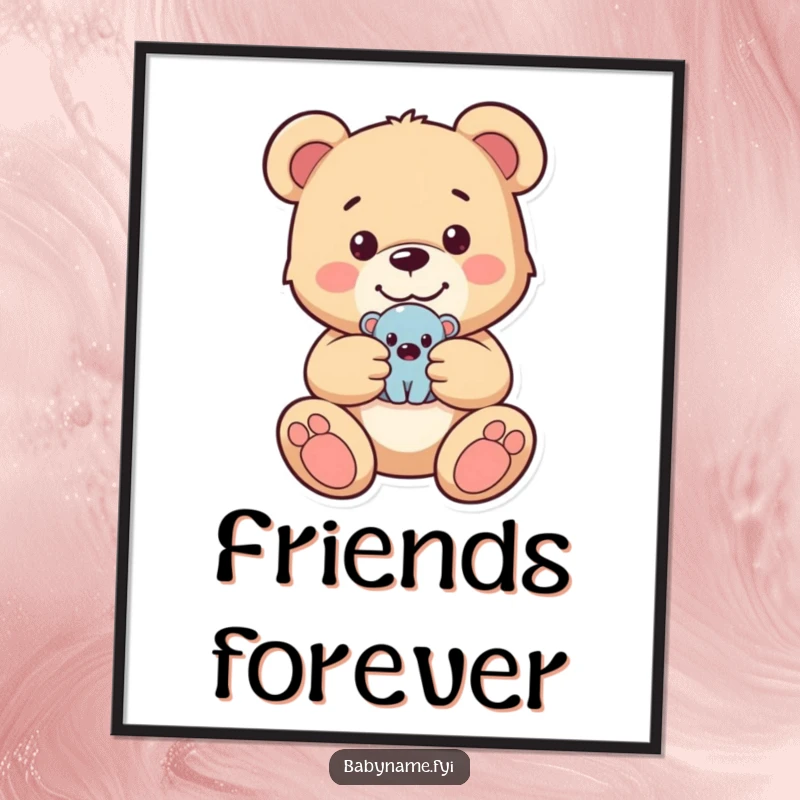 Funny poster of a happy teddy bear tenderly holding a small toy, evoking warmth, comfort, and a sense of playful innocence.