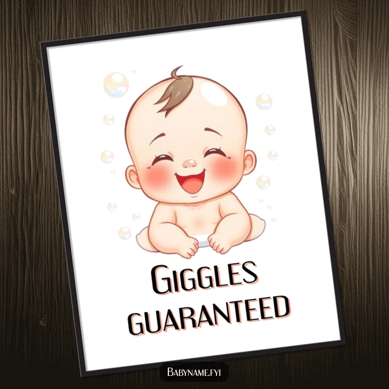 Funny poster print of a baby absolutely beaming with laughter while covered in soft bubbles, perfect for a nursery.