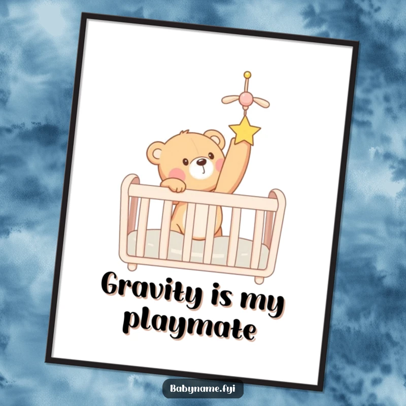 Funny teddy bear in a crib reaching for a dangling mobile—a heartwarming scene of baby's curiosity. Humorous wall art.