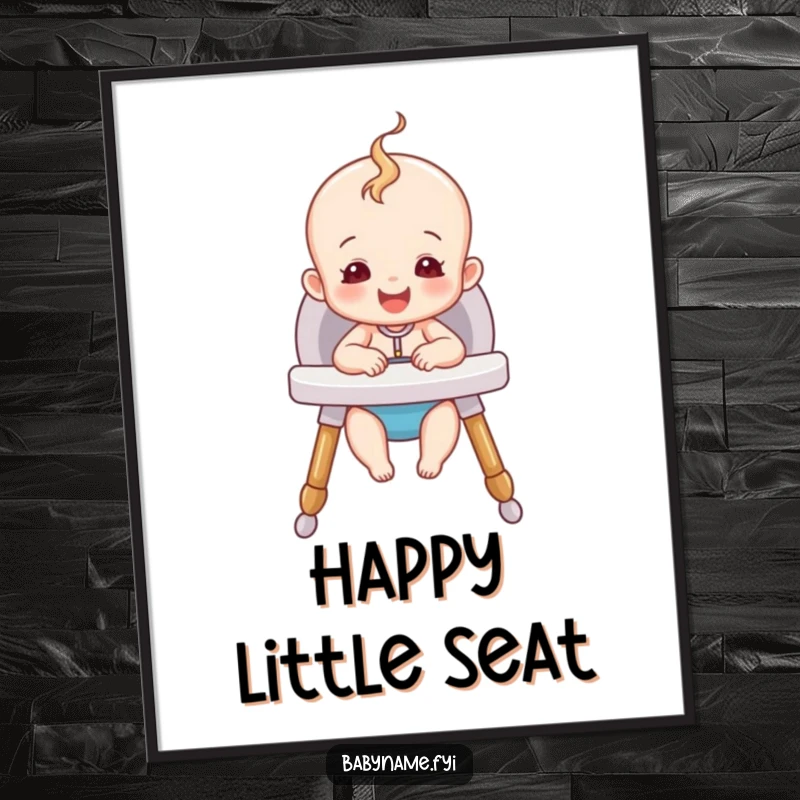 Funny Happy Baby Poster of a cute baby sitting happily in a cozy high chair, adding a heartwarming and humorous touch.
