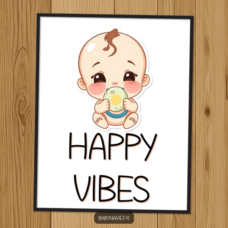 Funny baby pacifier poster, a charming artwork of a giggling baby character tightly holding a pacifier with a huge, happy smile.