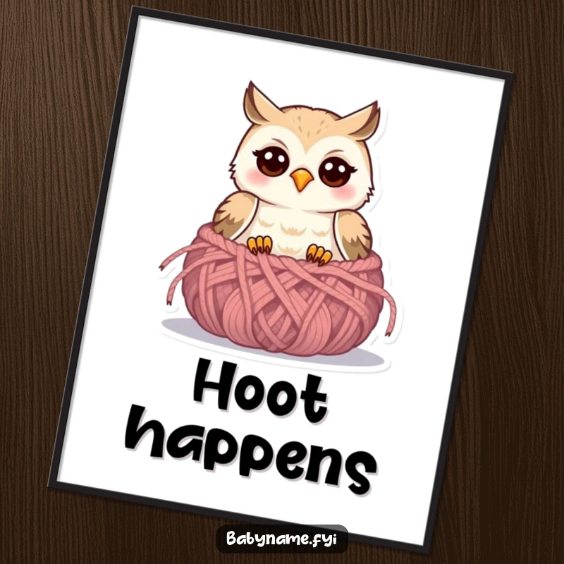 Funny baby owl poster showing a sweet owlet peeking from a cozy knitted nest, a heartwarming piece of art.