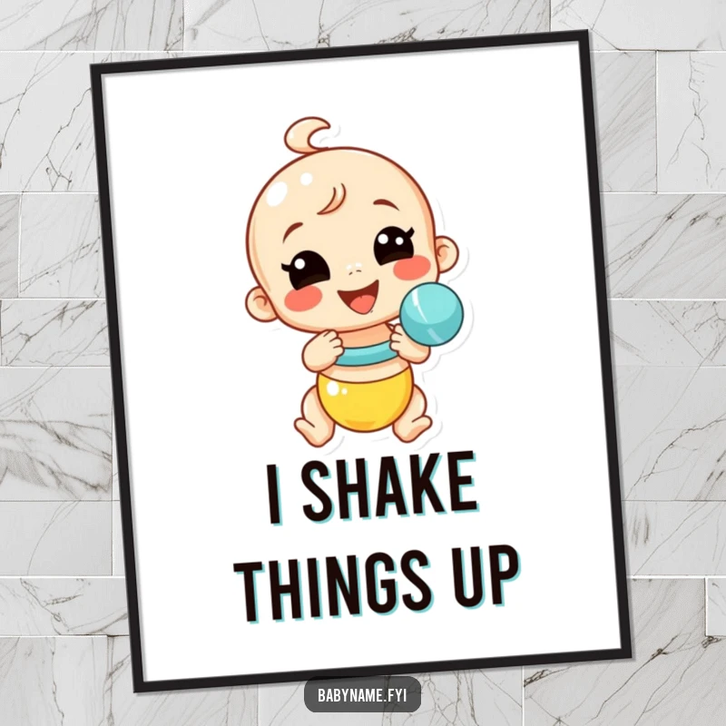 Funny baby rattle poster featuring a smiling rattle shaking with gusto, a humorous and energetic piece of wall art for a playful vibe.