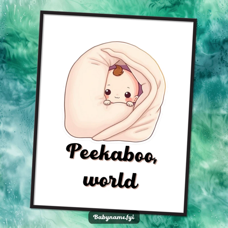 Funny baby blanket character peeking from behind a large pillow, as a whimsical poster. Humorous nursery wall art.