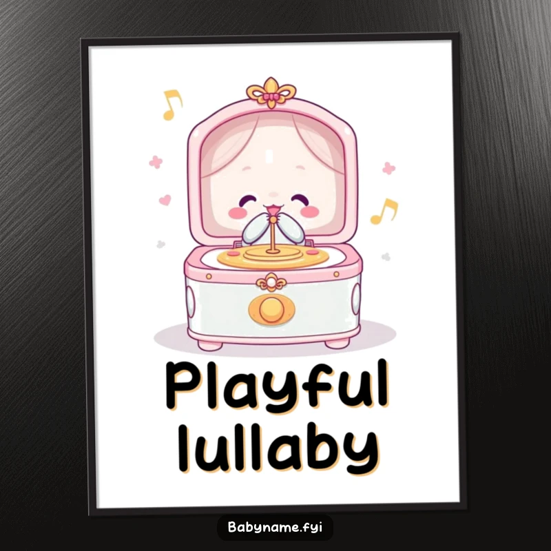 Funny poster of a cheerful lullaby music box playing merrily, evoking feelings of peace, joy, and sweet musical enchantment.