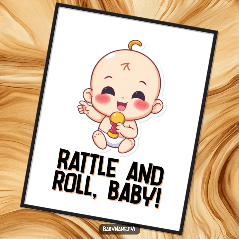 Funny poster print of a cheerful baby character enthusiastically shaking a small rattle, radiating pure, infectious excitement.