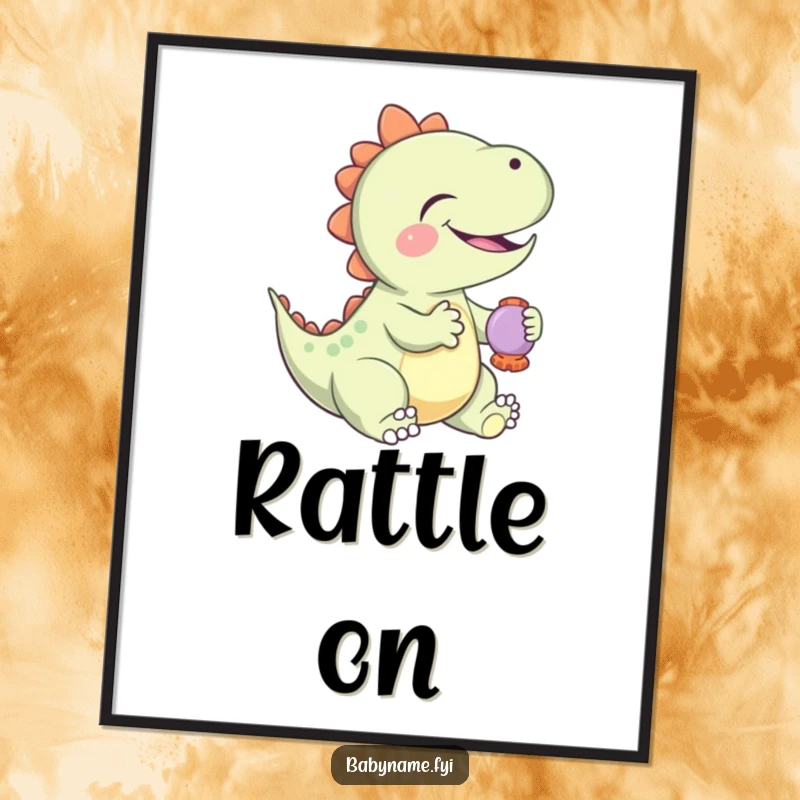 Funny Poster featuring a giggling baby dinosaur playing with a rattle, radiating prehistoric joy and humor, perfect for wall decor.