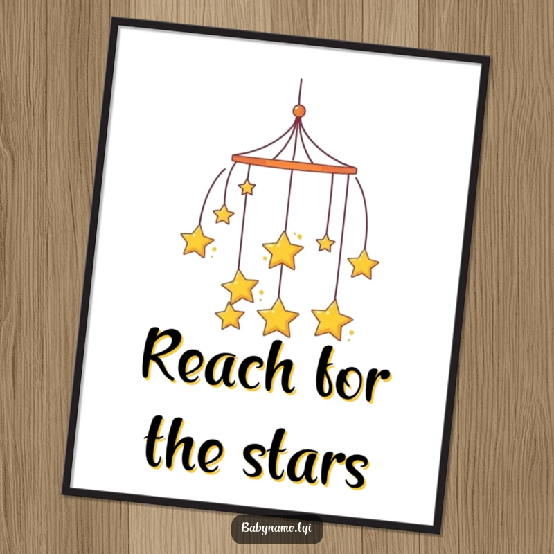 Funny curious mobile poster, with hanging stars spinning slowly, creating a dreamy and calming atmosphere.