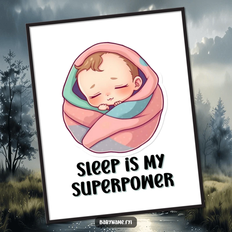 Funny poster print of a baby character sleeping soundly, wrapped in a beautifully illustrated, vibrant, and soft blanket.
