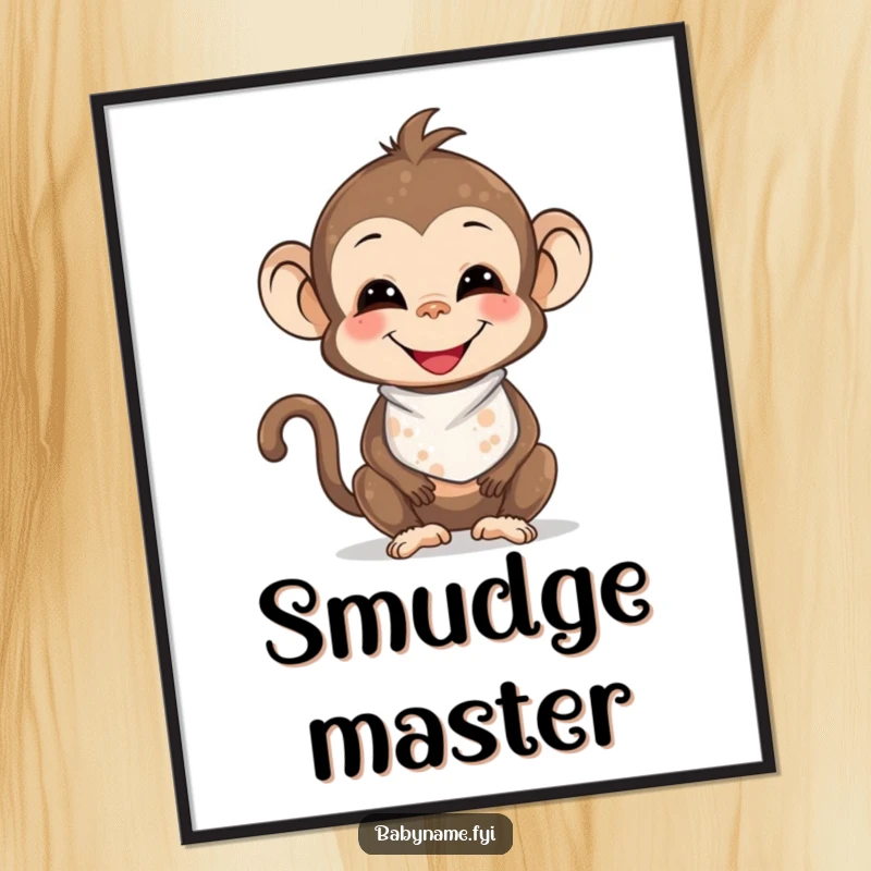 Funny smiling baby monkey in a bib, joyfully messy with food smudges, radiating pure, adorable fun on this wall art poster.