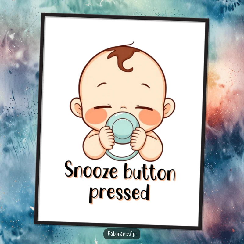 Funny poster print of a serene, sleepy baby with rosy cheeks holding a pacifier, ideal for nursery decor.