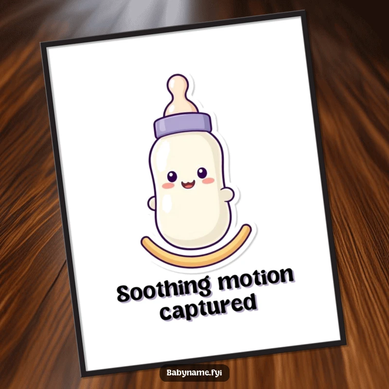 Funny baby bottle poster with a smiling face, gently rocking, symbolizing comfort and nurturing, ideal for nursery decor.