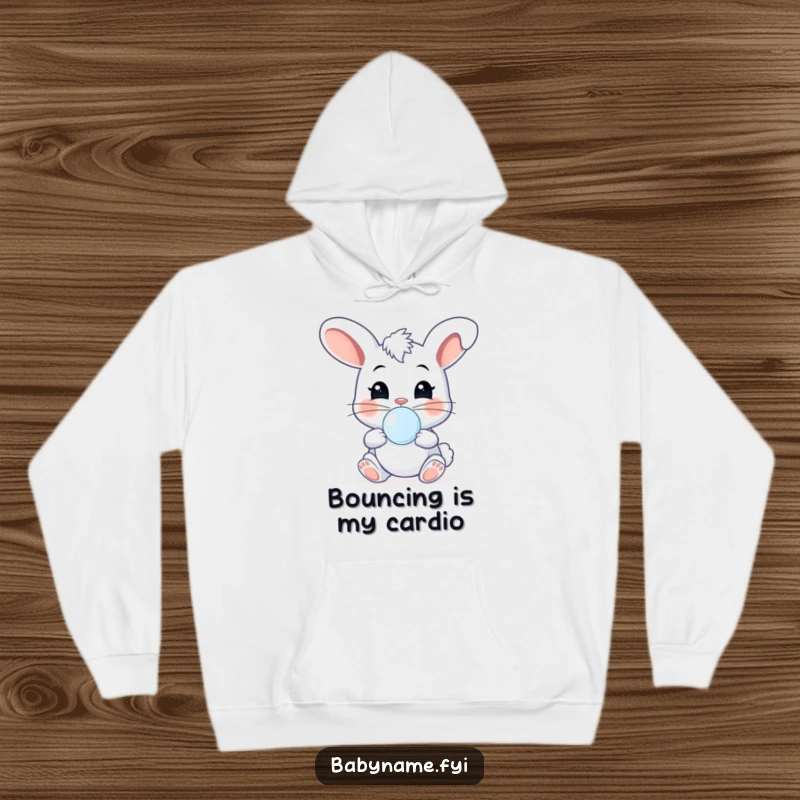 Funny cheeky baby bunny wearing a pacifier, caught in a joyful bounce and giggle, bringing warmth and humor to this hoodie.