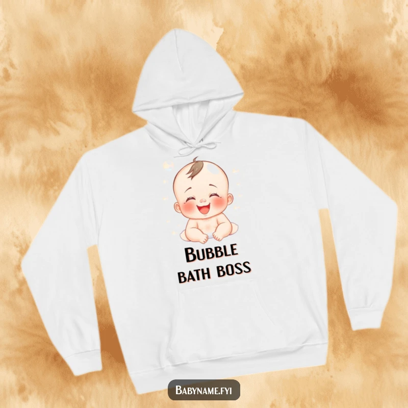 Funny hoodie illustration of a happy baby giggling amidst a pile of soft bubbles, evoking playful cheer.