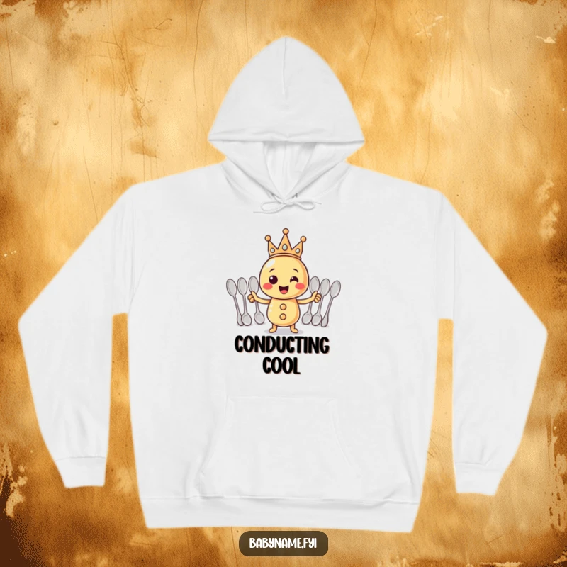 Funny Hoodie: A regal rattle leading a spoon orchestra, expressing a funny and spirited performance.