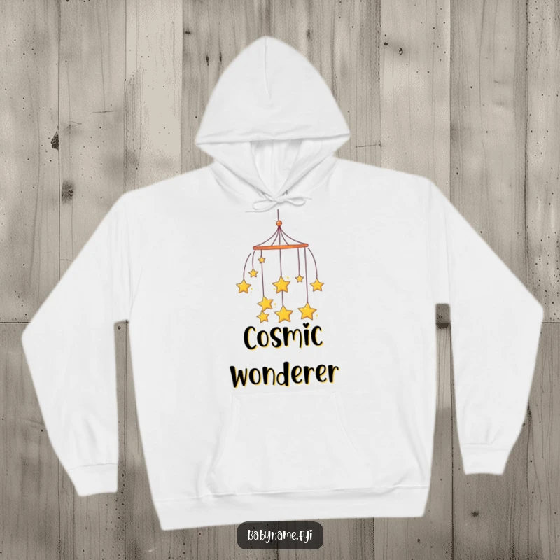 Funny curious mobile hoodie, with hanging stars spinning slowly, perfect for cozy nights and dreaming.