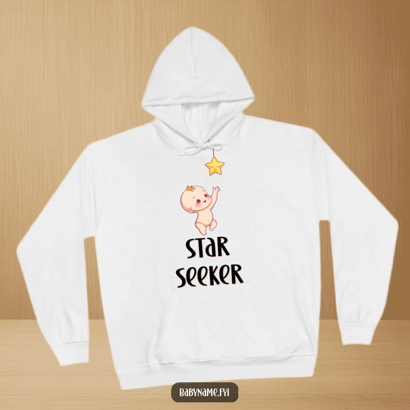 Funny baby reaching for a sparkling star, a cozy and funny hoodie.