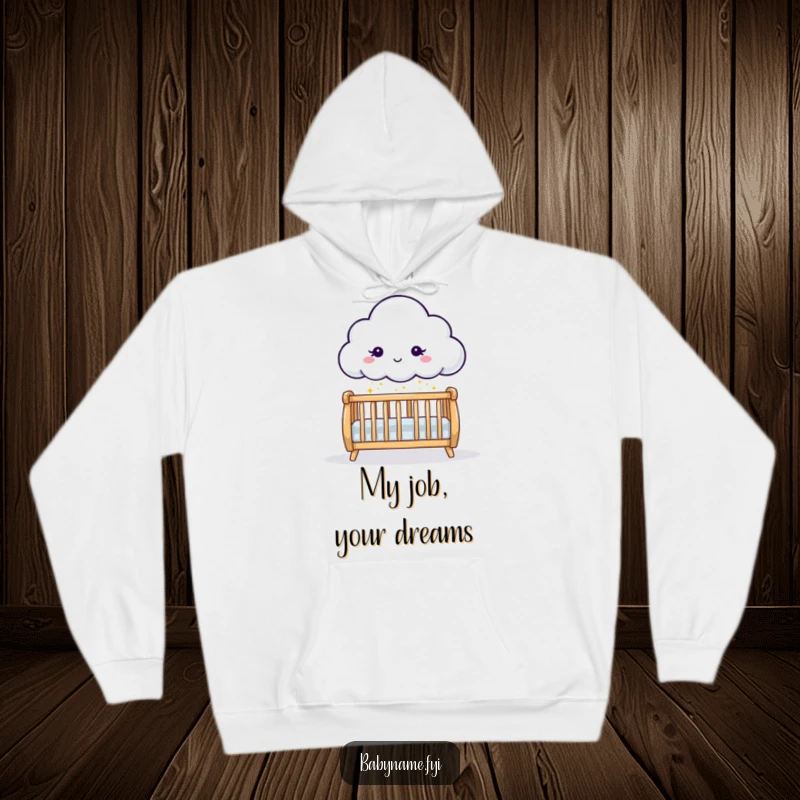 Funny cloud character sprinkling gentle sparkles downward onto a crib, featured on a warm and cozy hoodie, perfect baby gift.