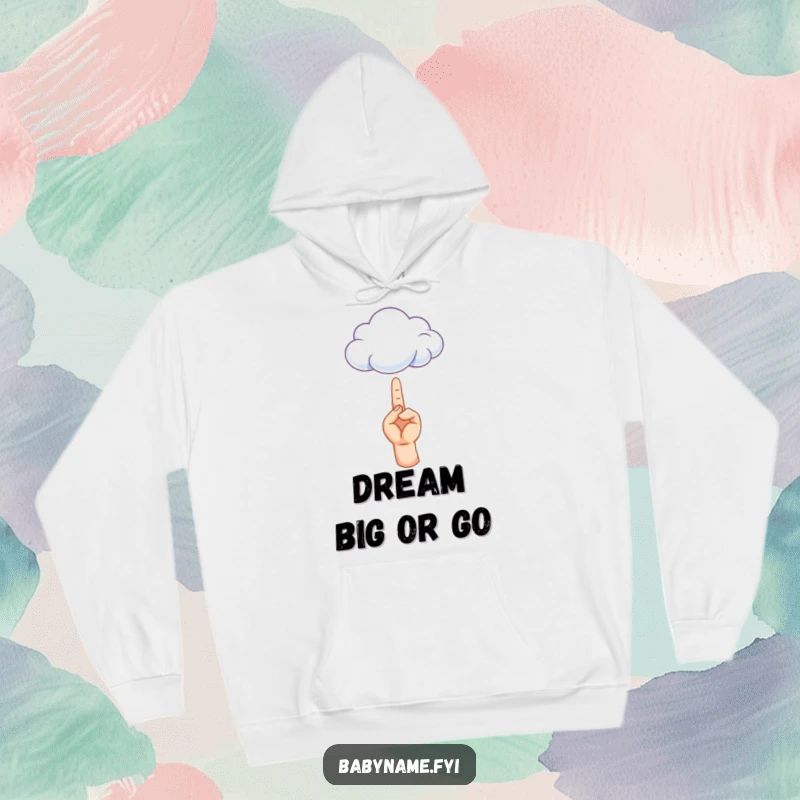 Funny hoodie illustration of a little hand reaching for a soft, floating cloud, representing hope and imagination.