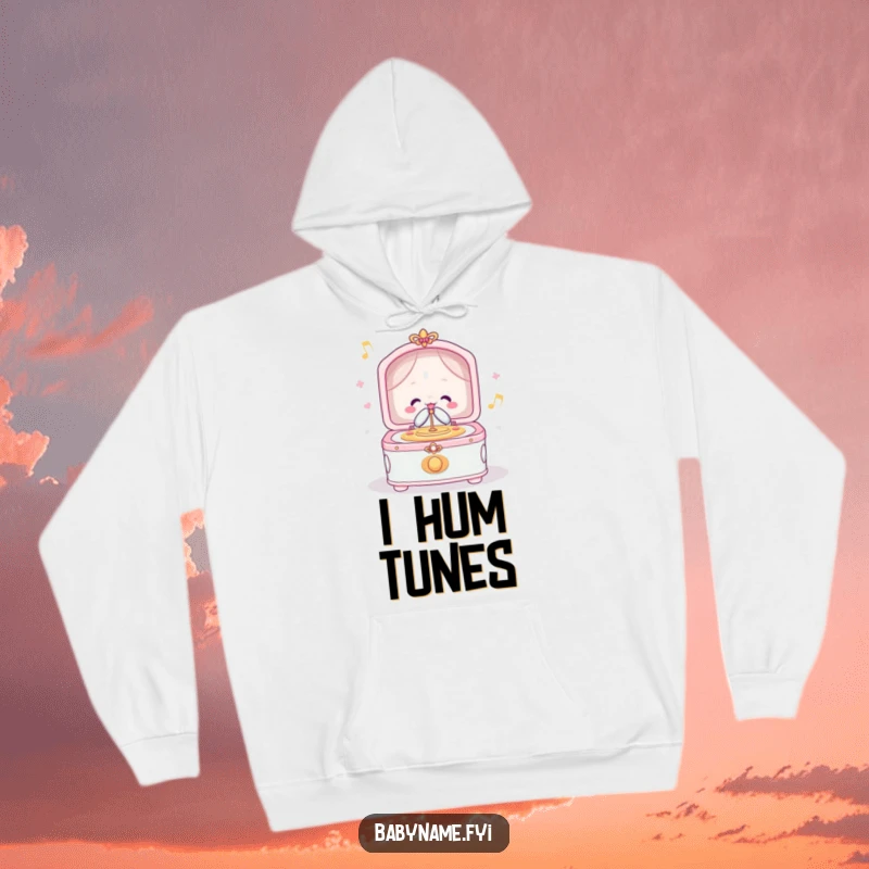 Funny hoodie showcasing a cheerful lullaby music box playing merrily, offering comfort and a whimsical musical ambiance.