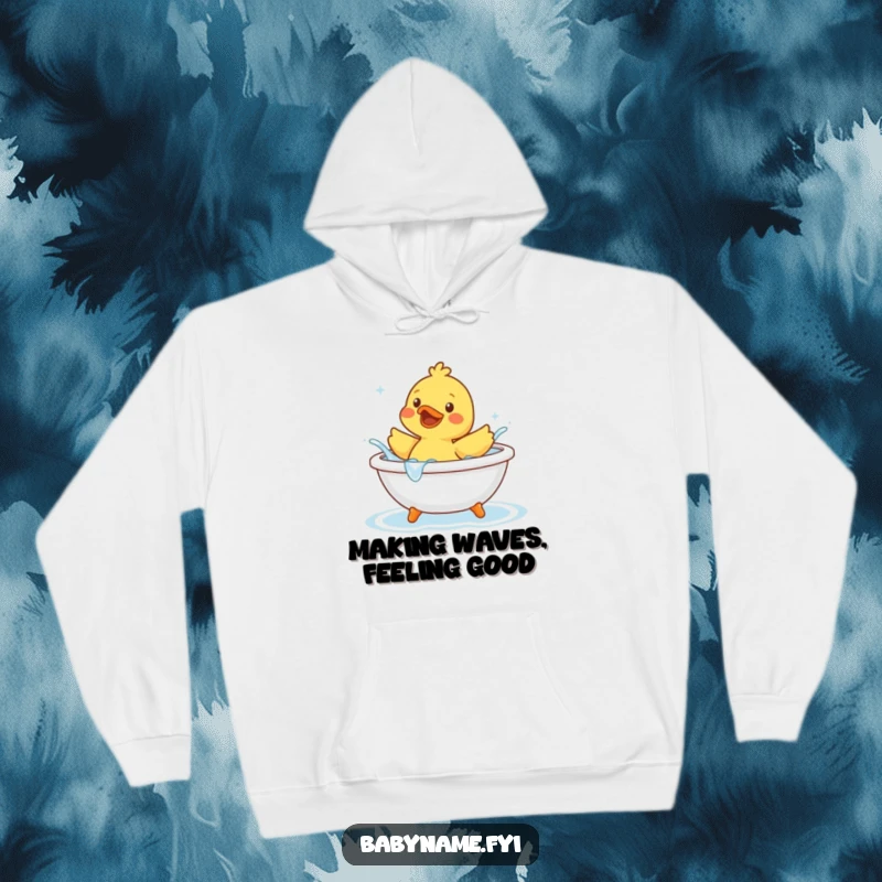 Funny rubber duck character joyfully splashing water in a tiny bathtub, featured on a cozy and humorous hoodie.