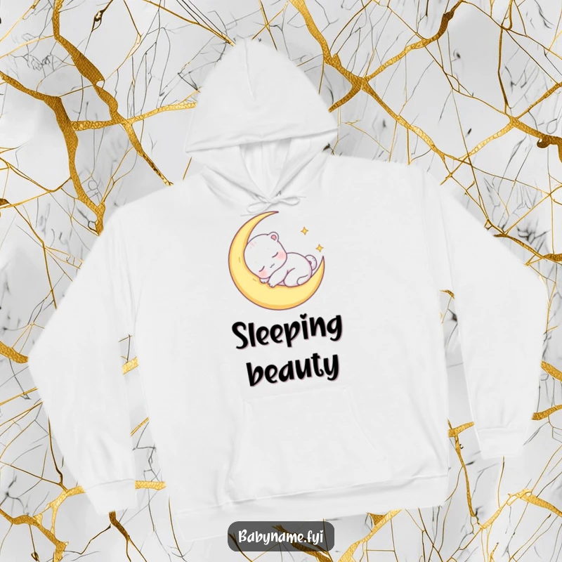 Funny hoodie featuring a baby animal character nestled comfortably within a peaceful crescent moon, exuding warmth and sleepy charm.