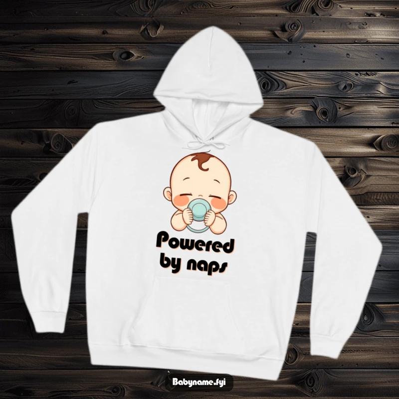 Funny hoodie illustration of a peaceful baby with flushed cheeks holding a pacifier, designed for comfort.