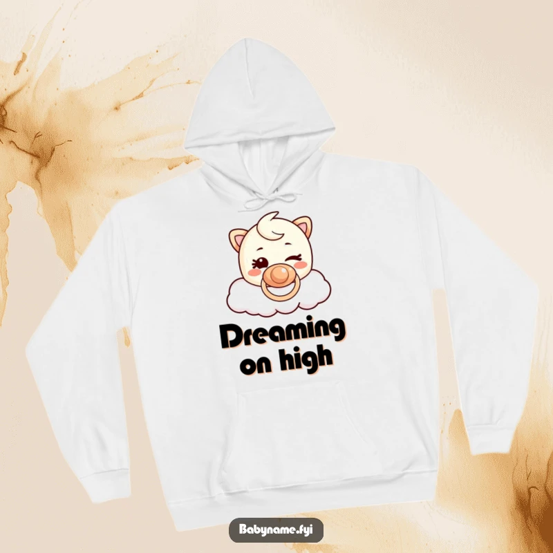 Funny Pacifier Cloud Hoodie: A cute pacifier character winking cheekily while resting on a soft, dreamy cloud.